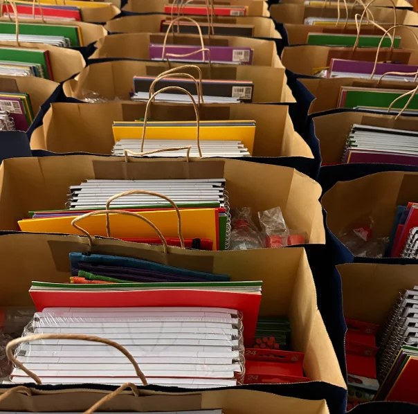 School supplies organized for distribution